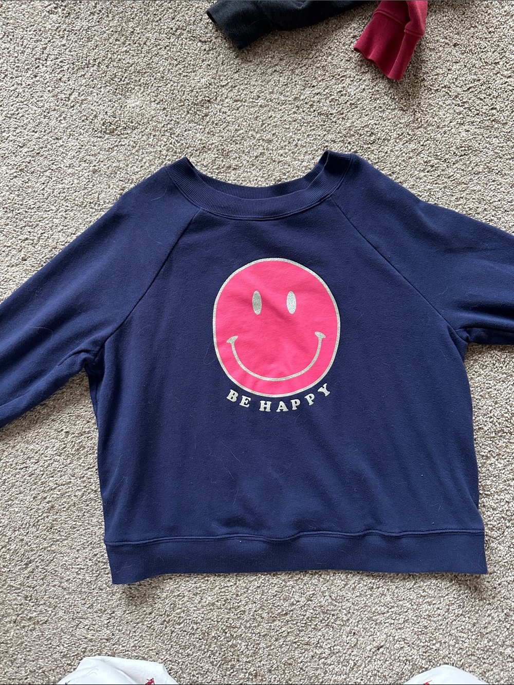 Navy Sweatshirt with Pink Smiley - Be Happy